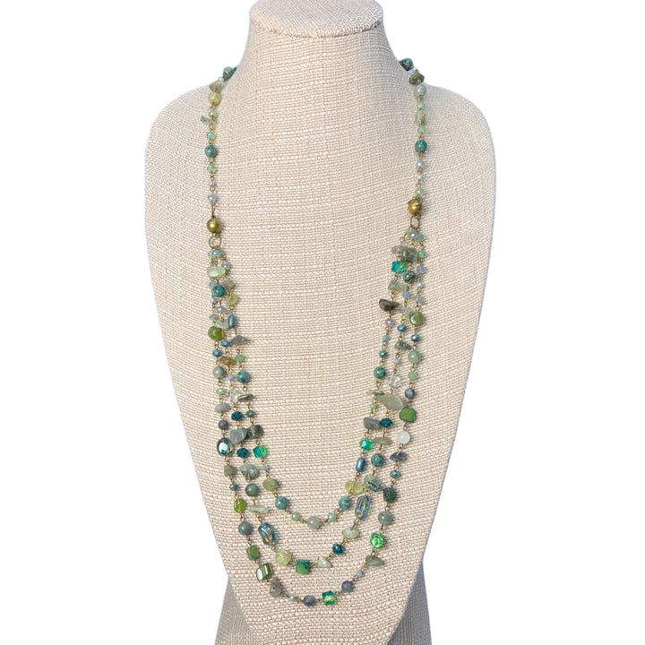 Green Stone and Bead Multi Strand Necklace