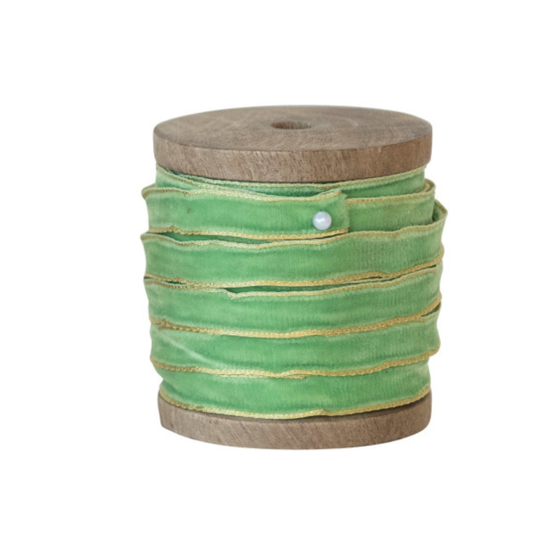 10 Yard Velvet Ribbon with Gold Edge on Wooden Spool- Multi