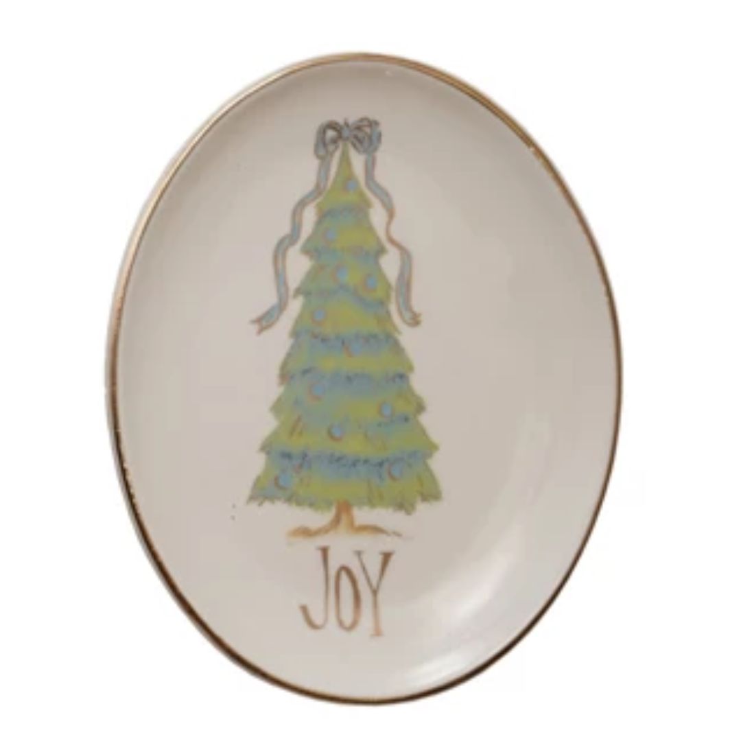 Gold Electroplating Christmas Tree Oval Stoneware Dish