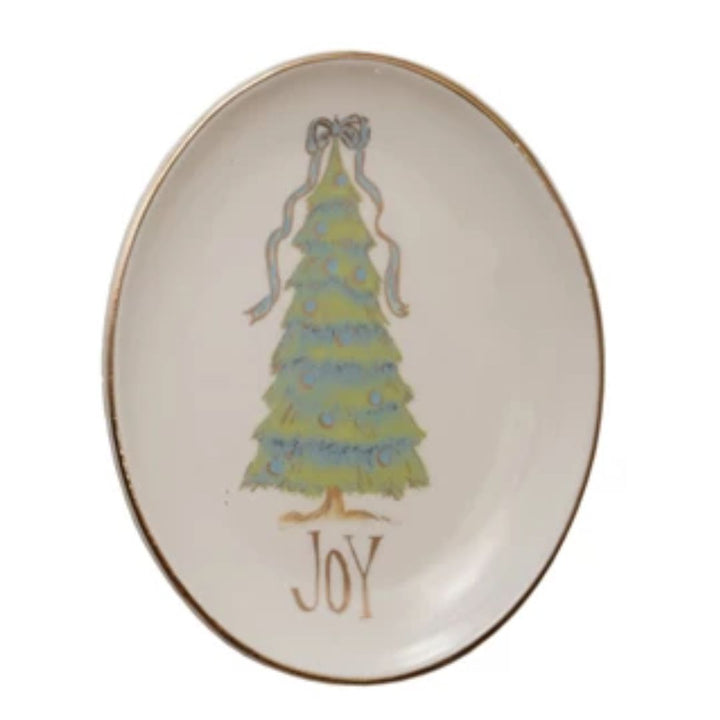 Gold Electroplating Christmas Tree Oval Stoneware Dish