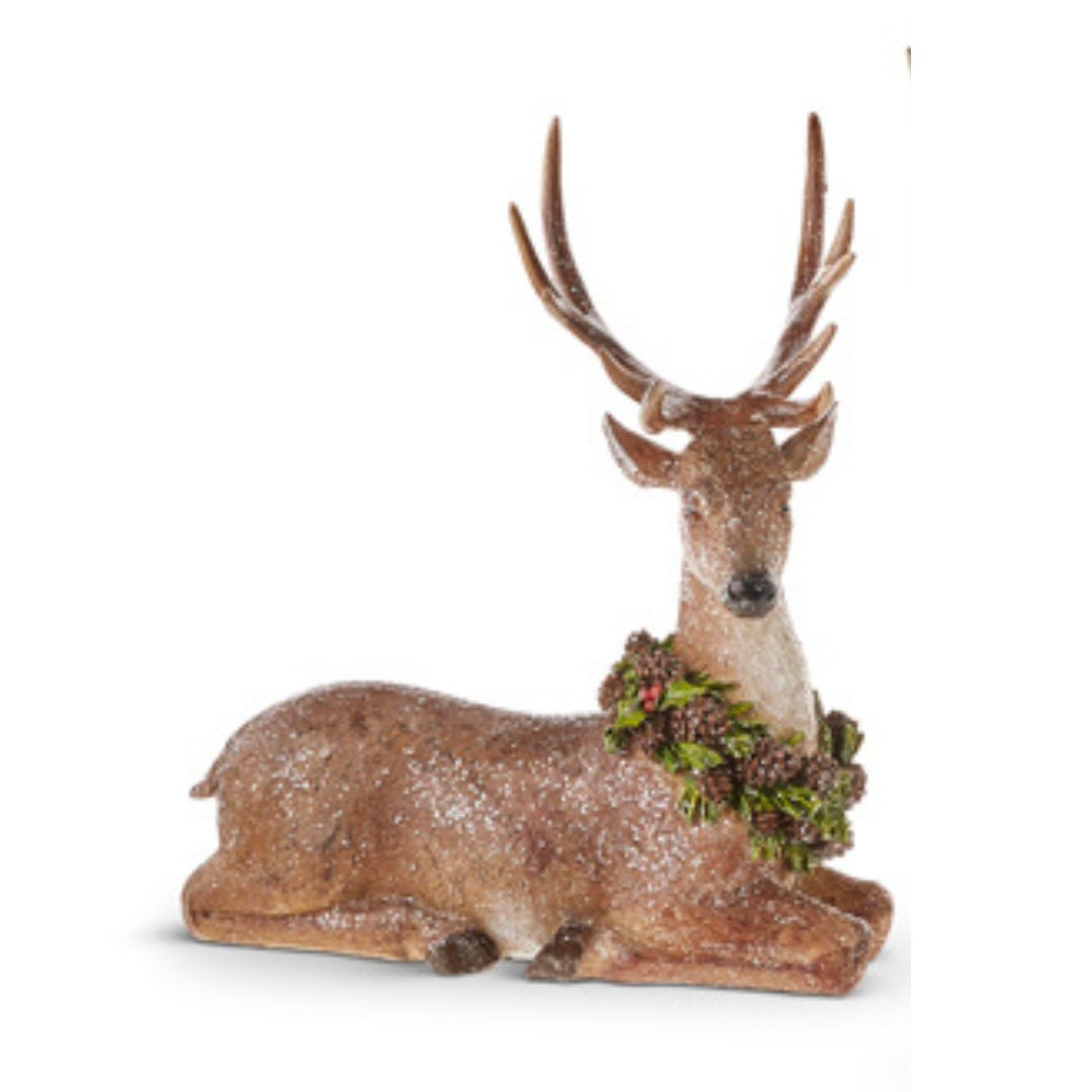 Pine Wreathed Glittered Deer Figurines