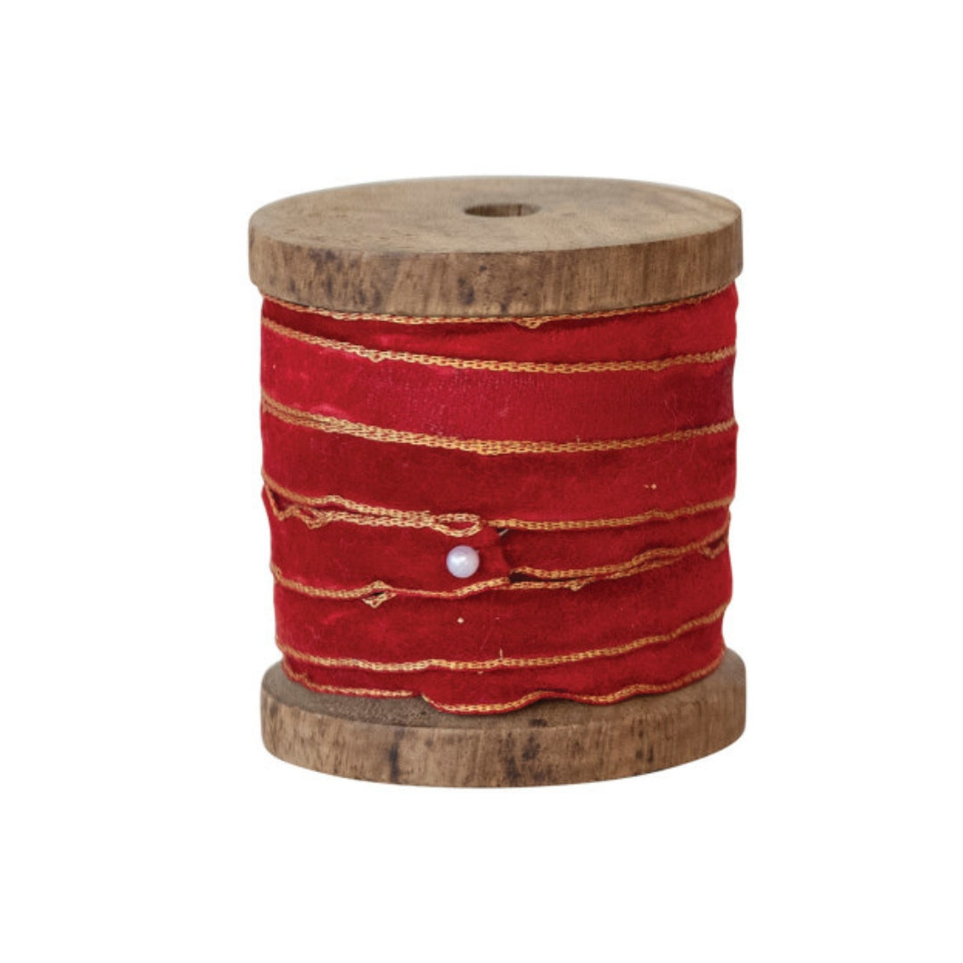 10 Yard Velvet Ribbon with Gold Edge on Wooden Spool- Multi