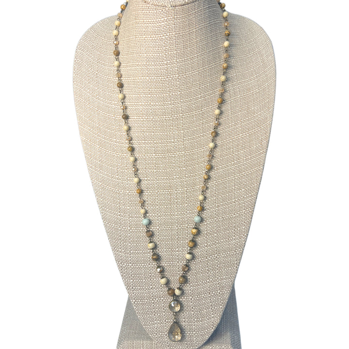 Boho Natural Stone Beaded Necklace with Clear Pendant