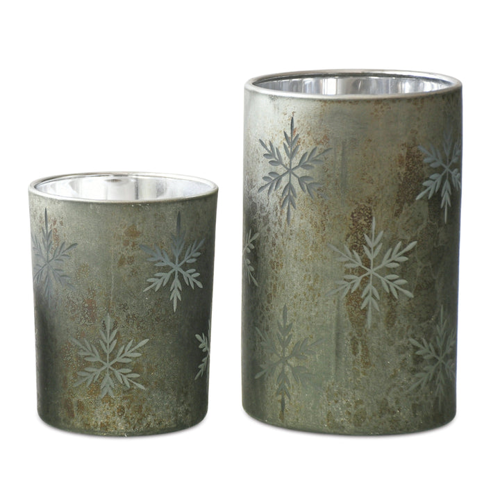 Distressed Green Snowflake Glass Candle Holder