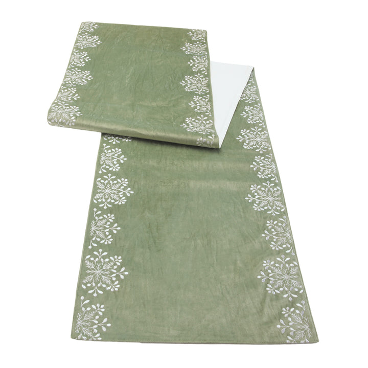 Sage Green Velvet Snowflake Border Table Runner