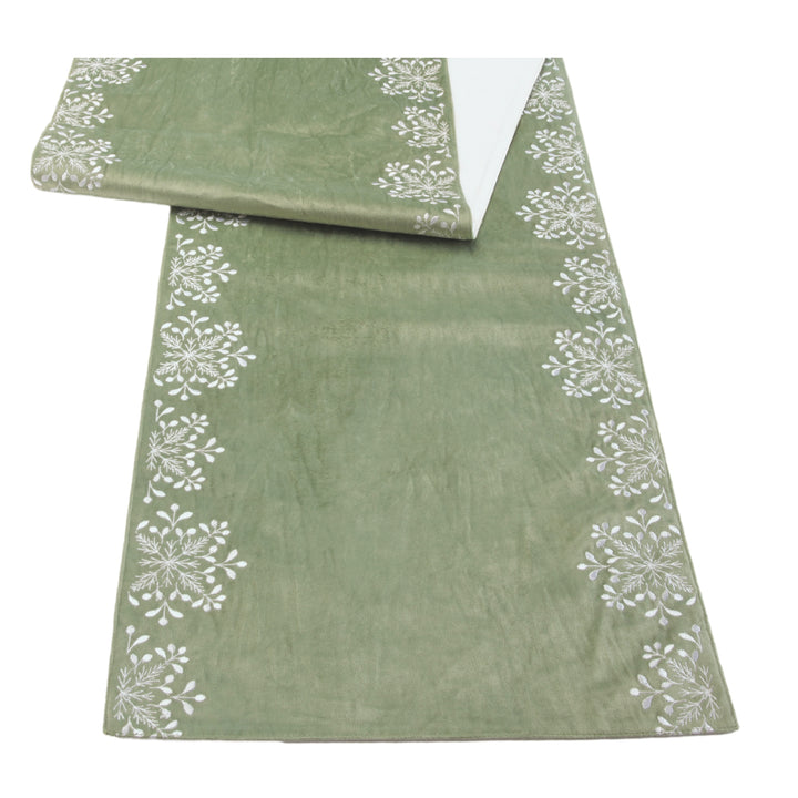Sage Green Velvet Snowflake Border Table Runner