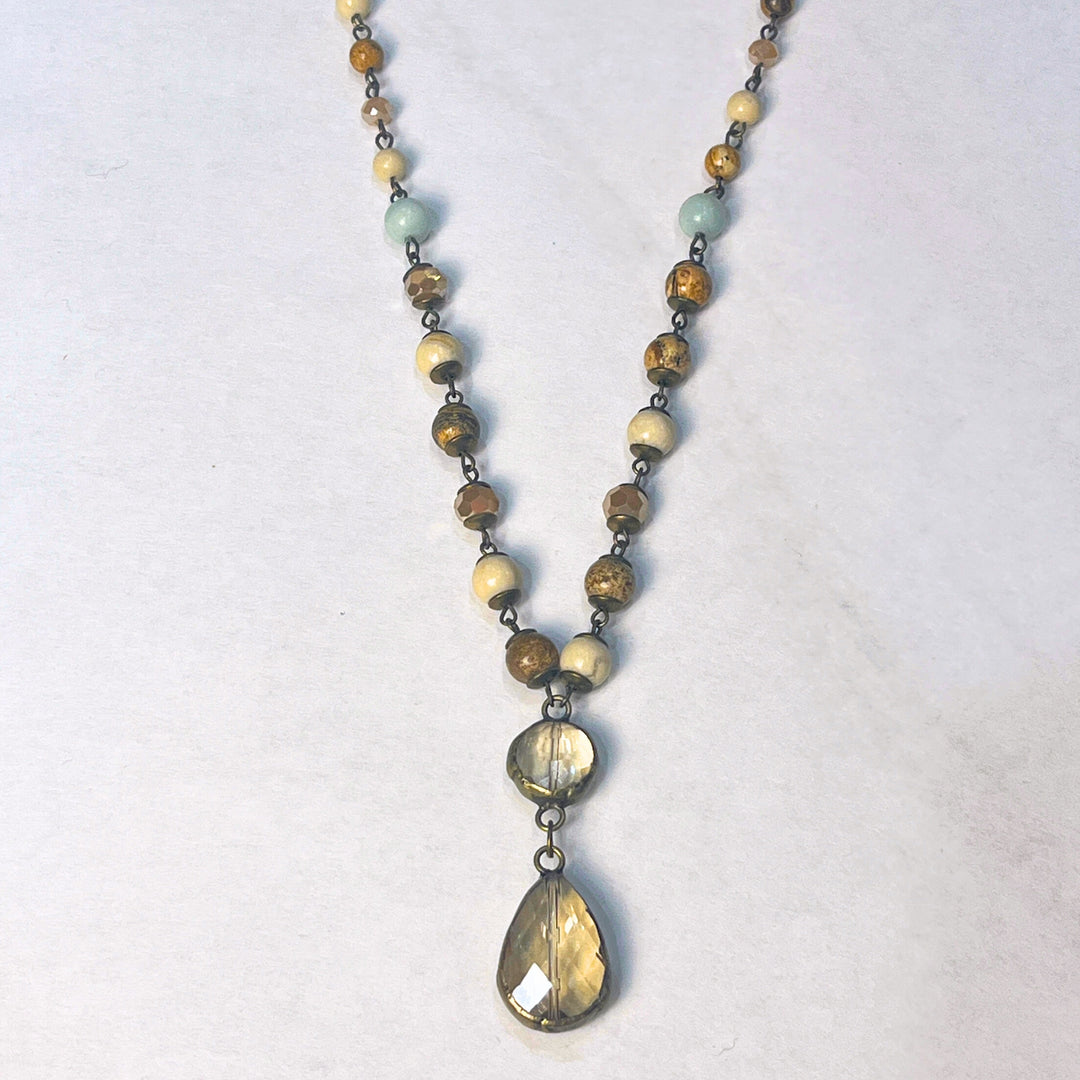 Boho Natural Stone Beaded Necklace with Clear Pendant