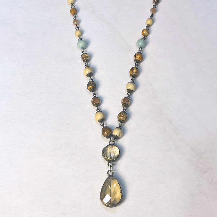 Boho Natural Stone Beaded Necklace with Clear Pendant