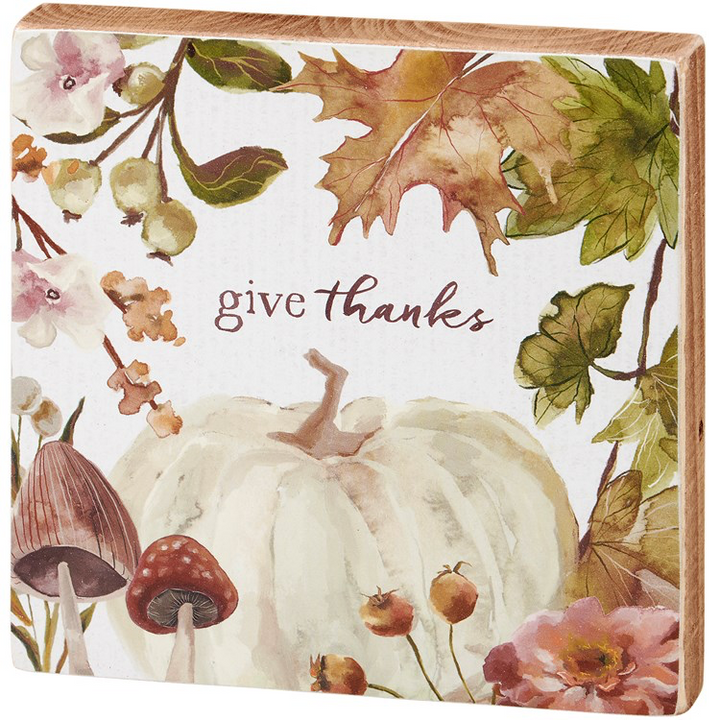 Give Thanks Pumpkin and Foliage Block Sign