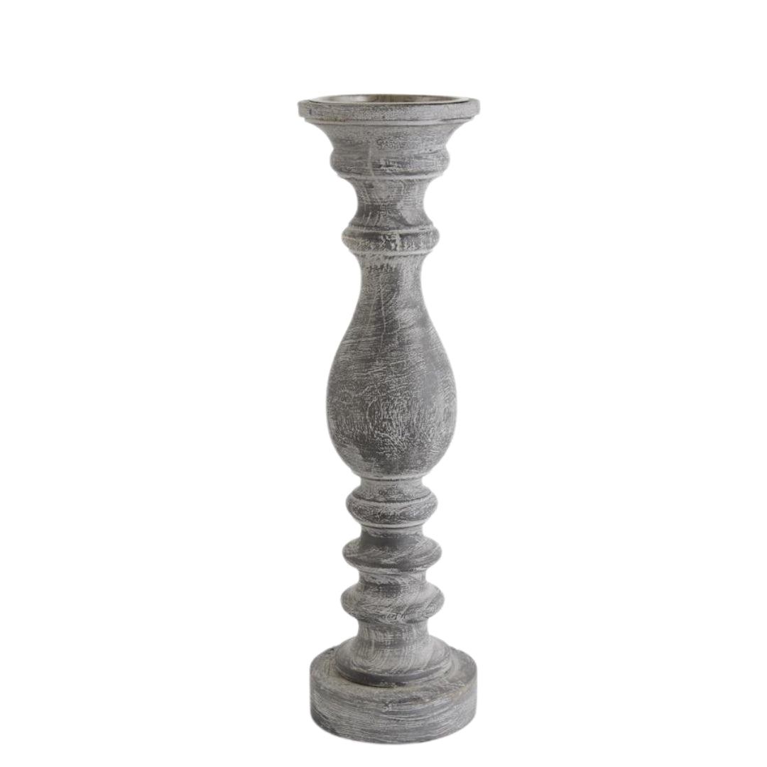 Grey Ribbed Wood Candleholder