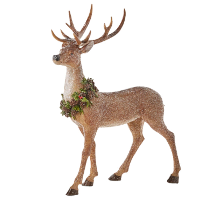 Pine Wreathed Glittered Deer Figurines