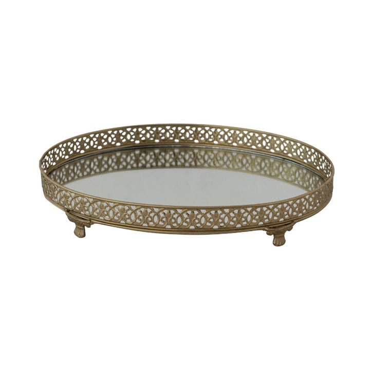 Gold Mirrored Oval Filigree Footed Tray
