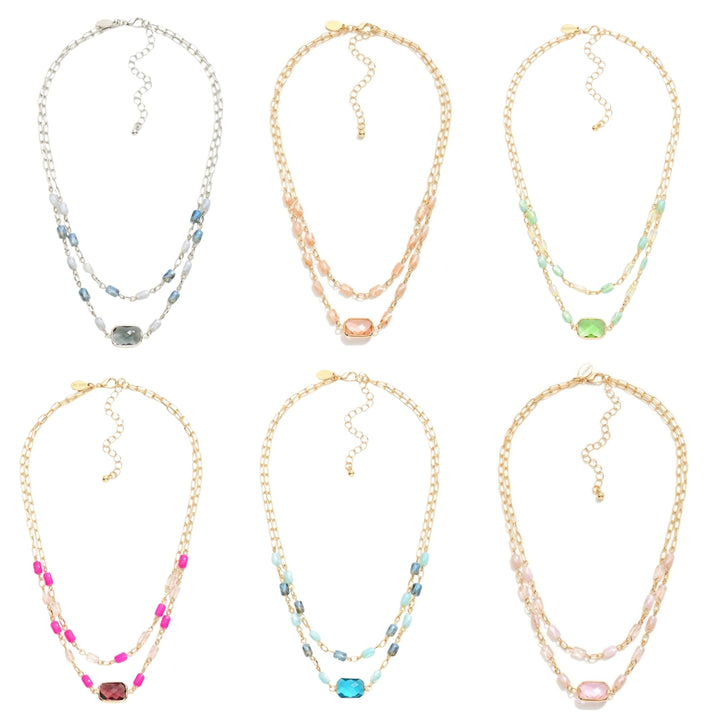 Layered Chain Link Necklace Featuring Glass Crystal & Faceted Beads