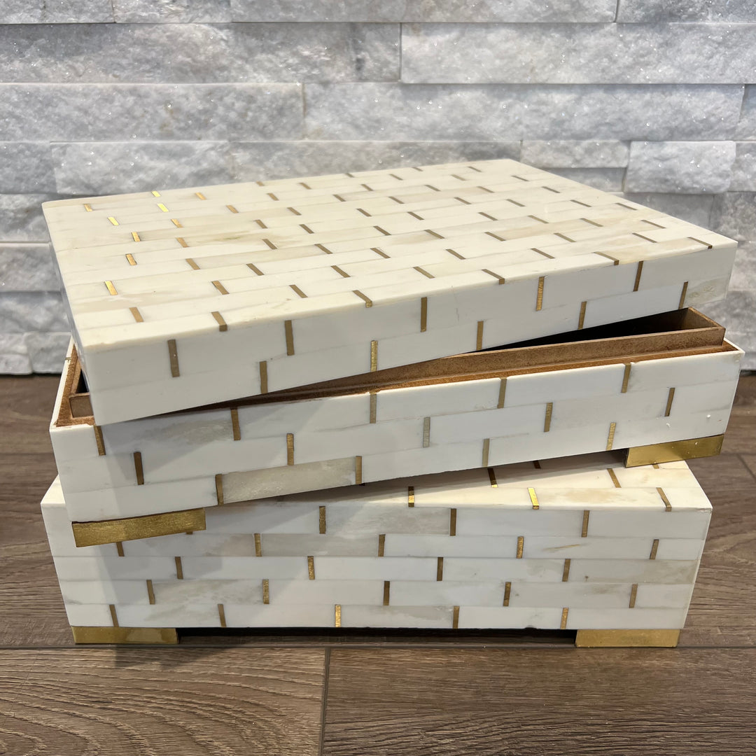 Ivory Bone Box with Brass Accents