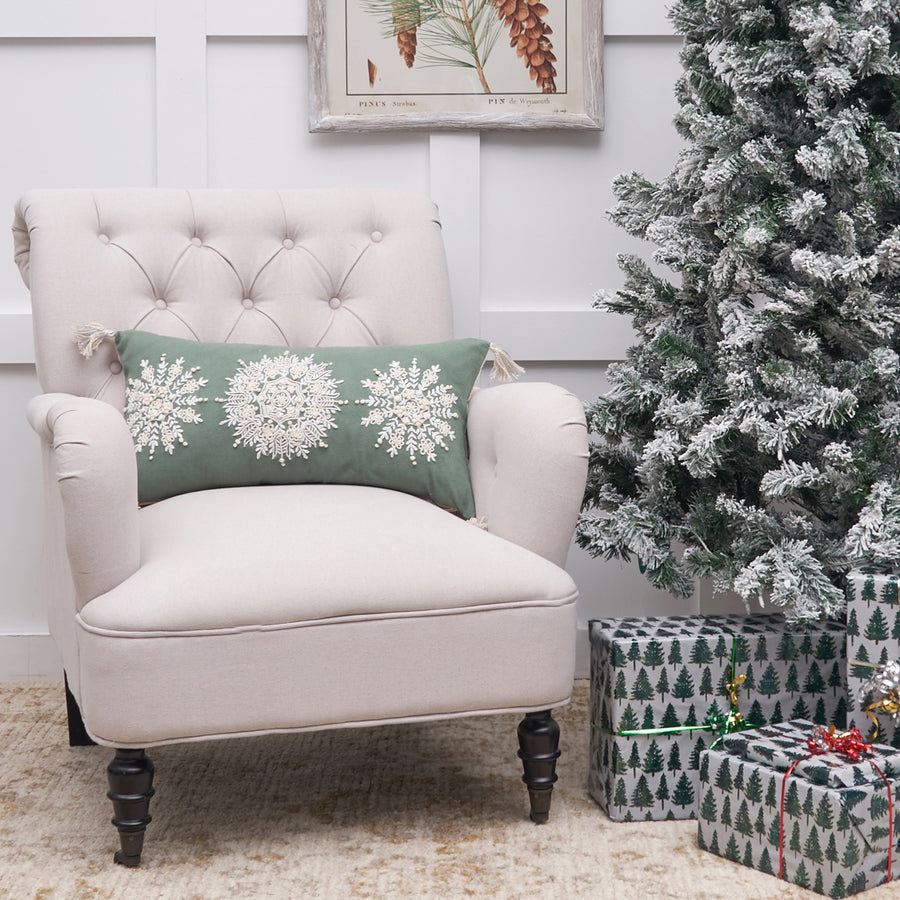 Embroidered Sage Snowflake Pillow