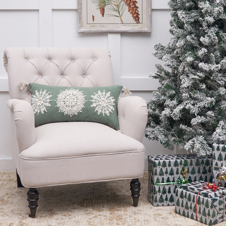 Embroidered Sage Snowflake Pillow
