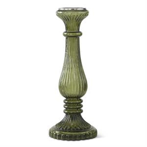 Ribbed Transparent Green Glass Pillar Candleholders