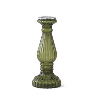 Ribbed Transparent Green Glass Pillar Candleholders