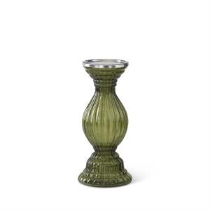 Ribbed Transparent Green Glass Pillar Candleholders
