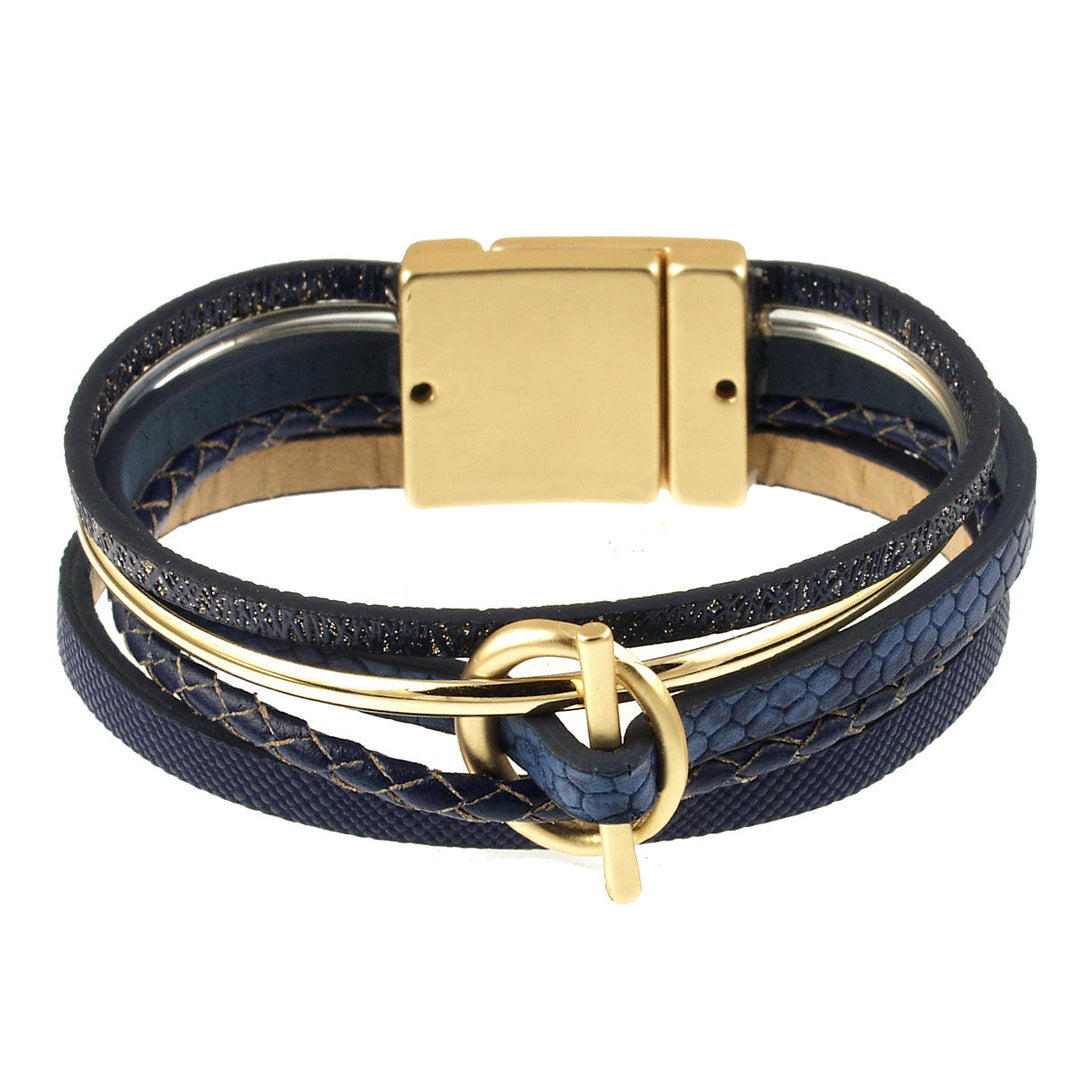 Navy and Gold Braided Faux Leather and Metal Magnetic Bracelet