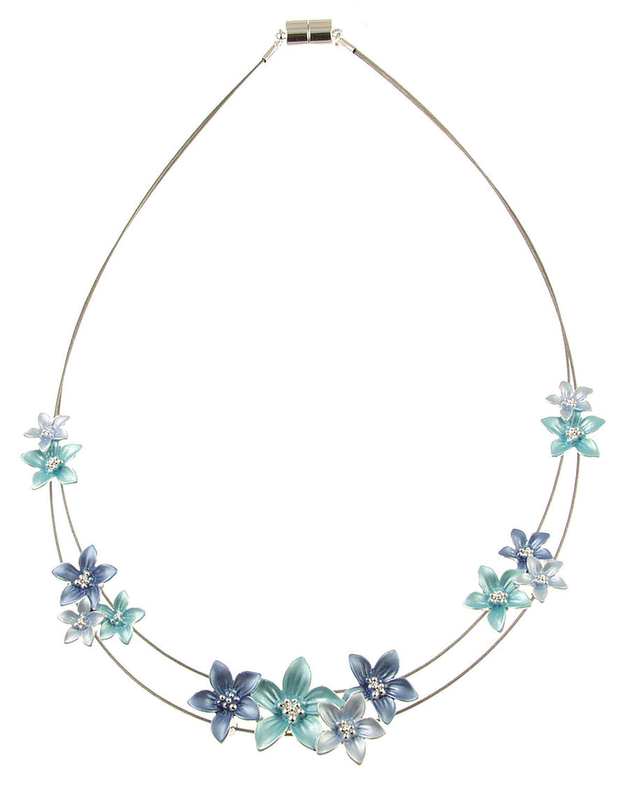 Silver and Blues Metal Flowers Necklace