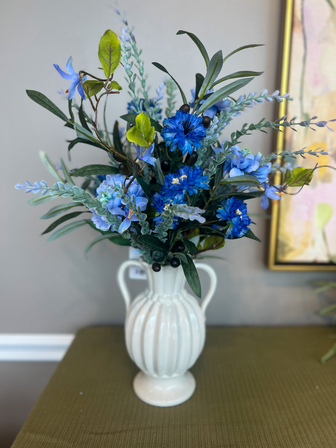 Blue Scabiosa and Olive Leaf Instant Arrangement