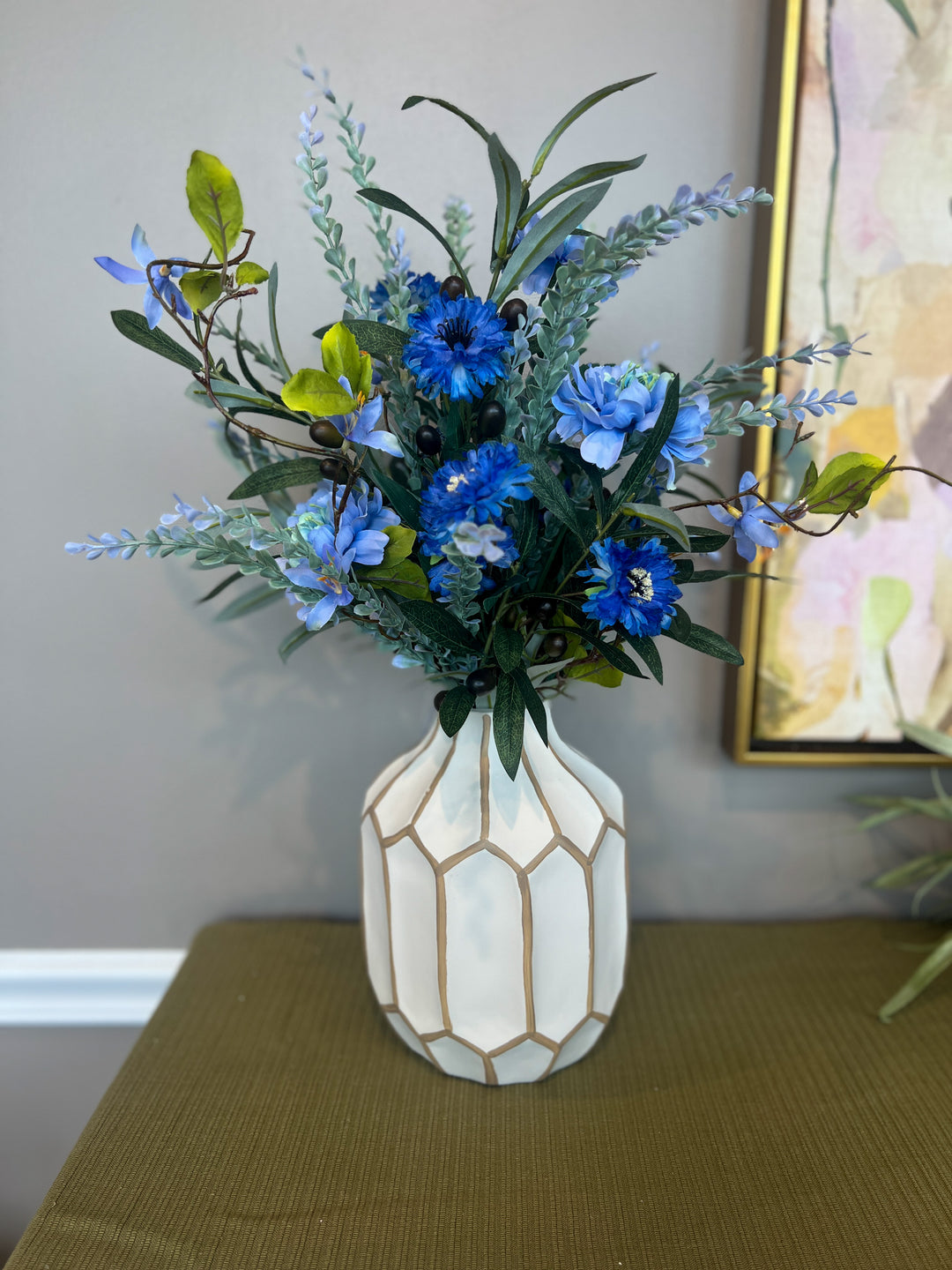 Blue Scabiosa and Olive Leaf Instant Arrangement