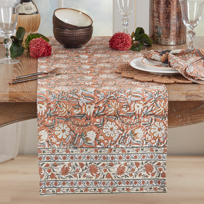 Floral Hand Block Print Runner in Rust