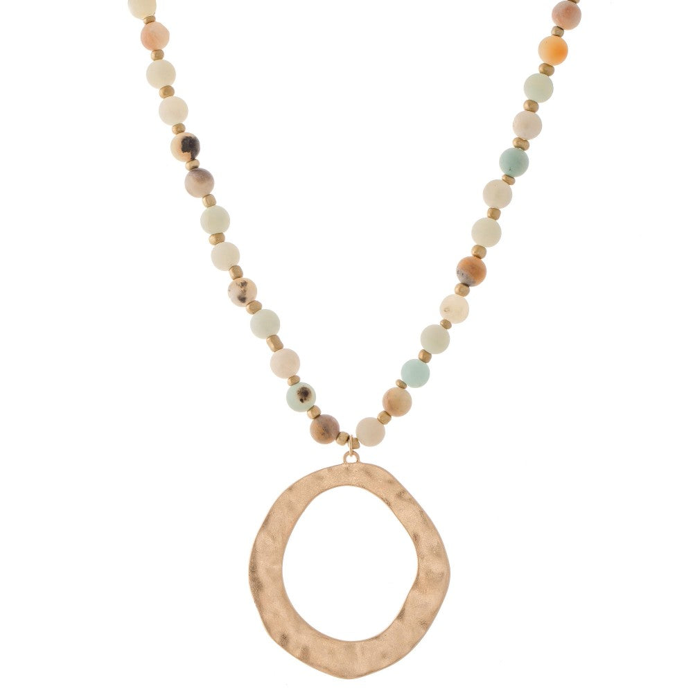 Long Semi-Precious Beaded Hammered Pendant Necklace