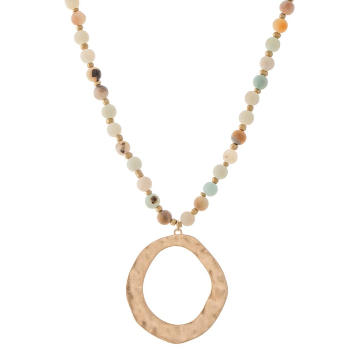 Long Semi-Precious Beaded Hammered Pendant Necklace
