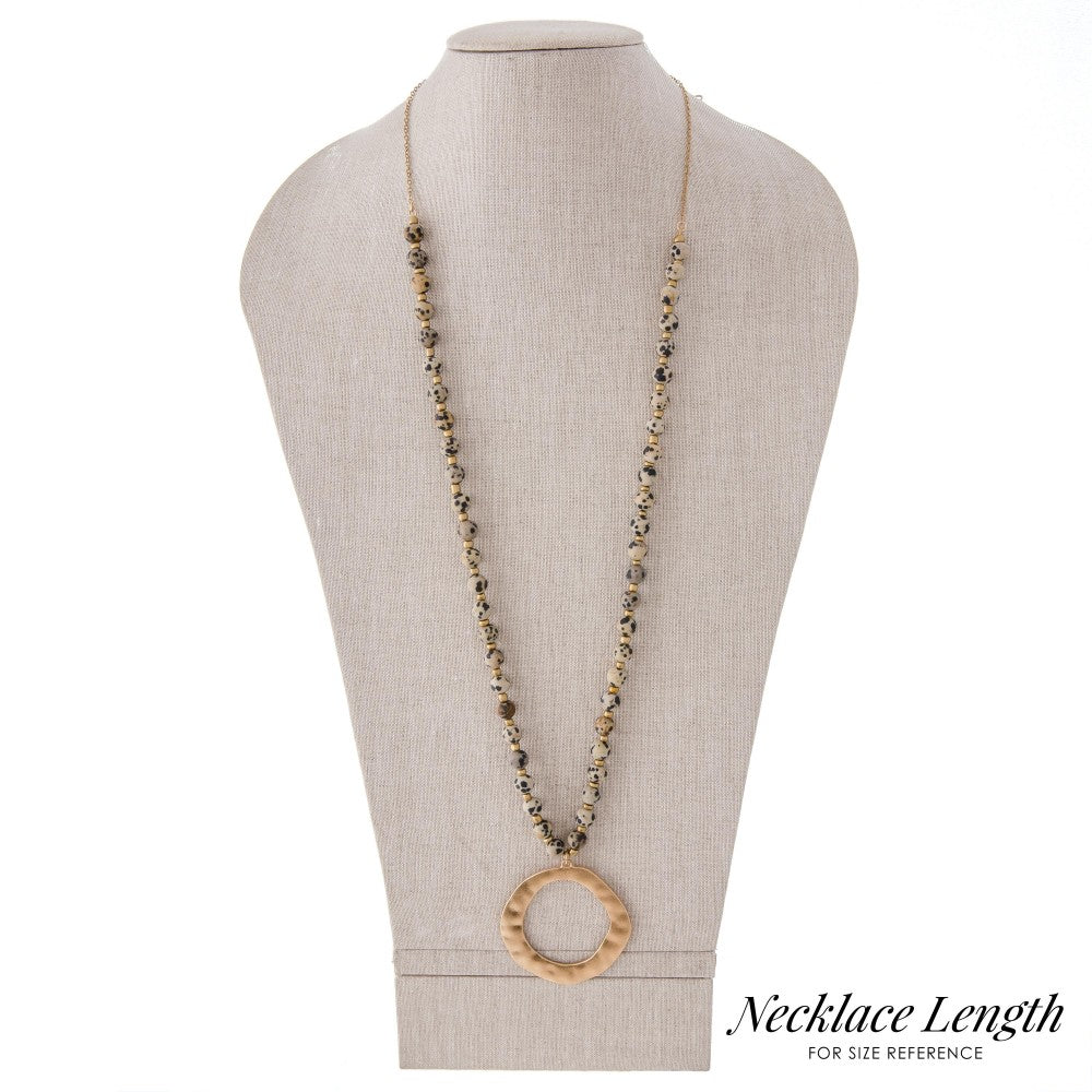 Long Semi-Precious Beaded Hammered Pendant Necklace