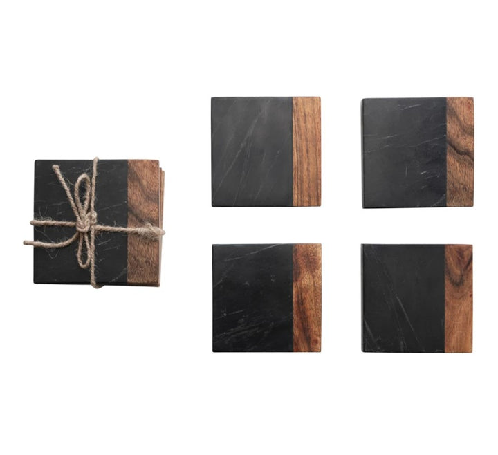 Acacia Wood and Black Marble Coaster Set