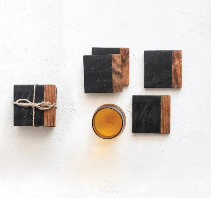 Acacia Wood and Black Marble Coaster Set