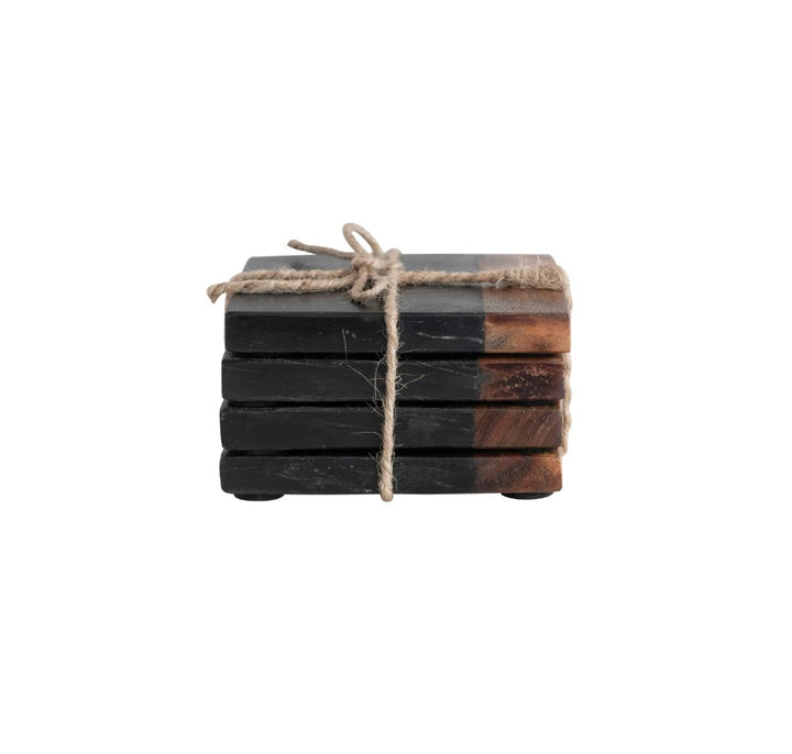 Acacia Wood and Black Marble Coaster Set