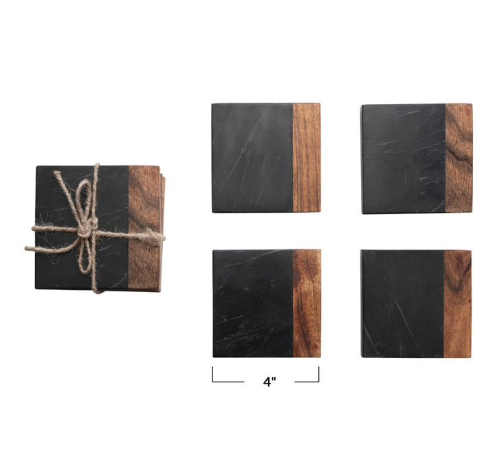 Acacia Wood and Black Marble Coaster Set