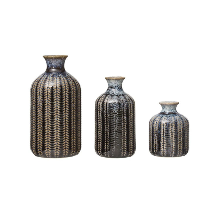 Dark Blue Glazed Embossed Stoneware Vases