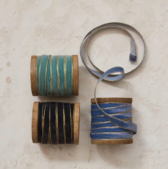 10 Yard Velvet Ribbon with Gold Edge on Wooden Spool- Blues