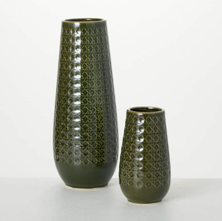 Olive Rattan-Patterned Vases