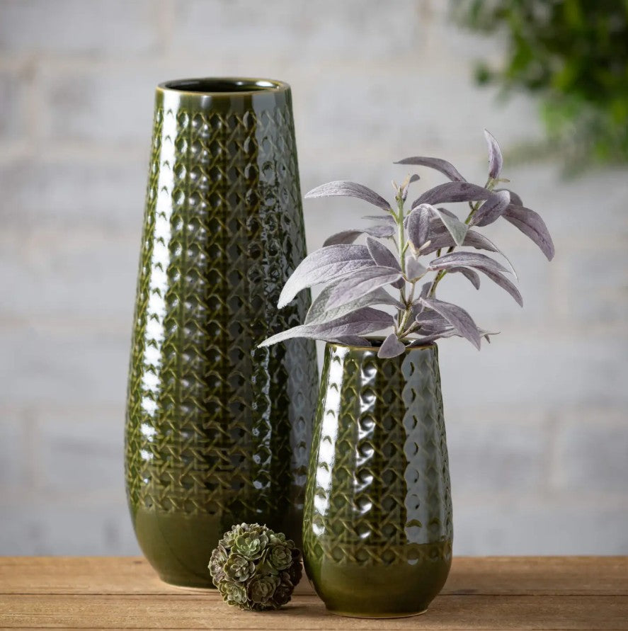 Olive Rattan-Patterned Vases