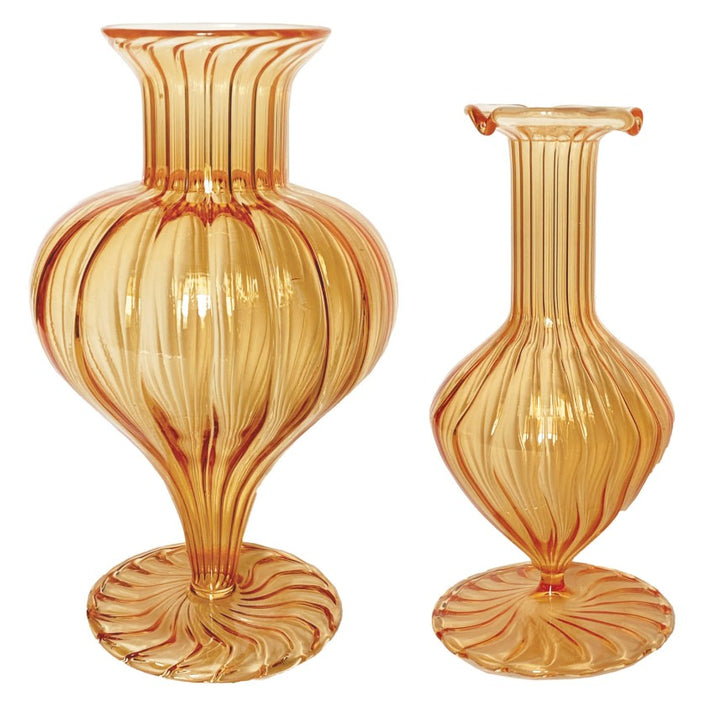 Apricot Hand-Blown Fluted Glass Footed Vases