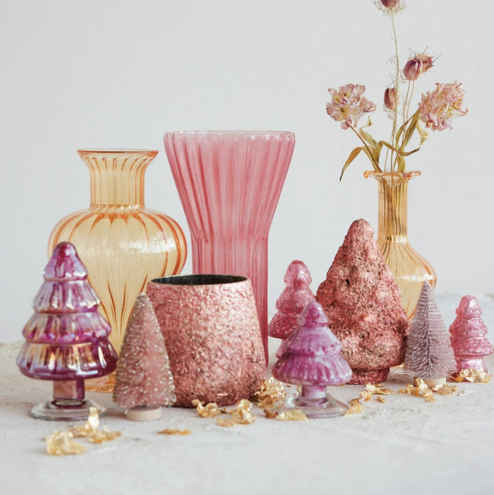 Apricot Hand-Blown Fluted Glass Footed Vases