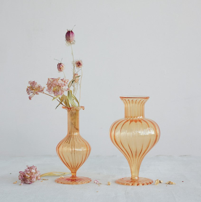 Apricot Hand-Blown Fluted Glass Footed Vases