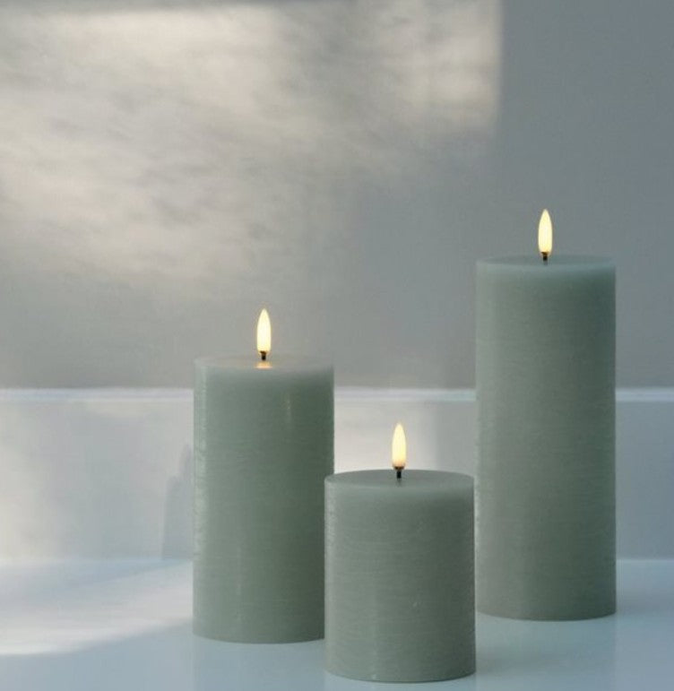 Dusty Green Rustic LED Pillar Candles