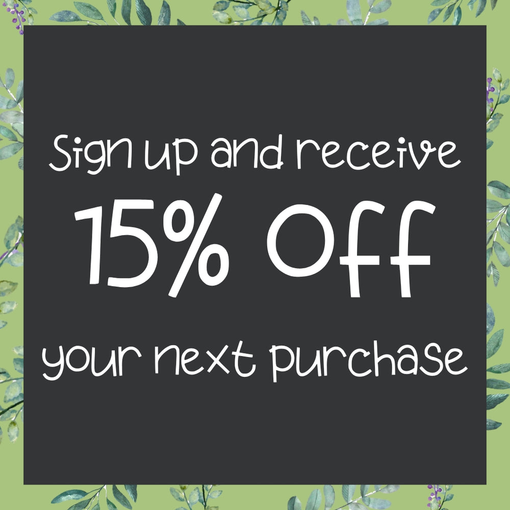 Promotional text offering 15% off on a green background with floral patterns.