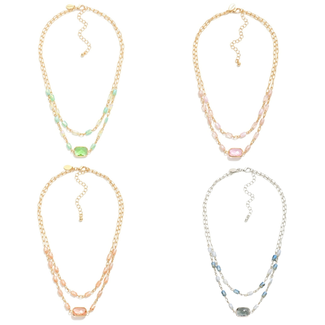 Layered Chain Link Necklace Featuring Glass Crystal & Faceted Beads