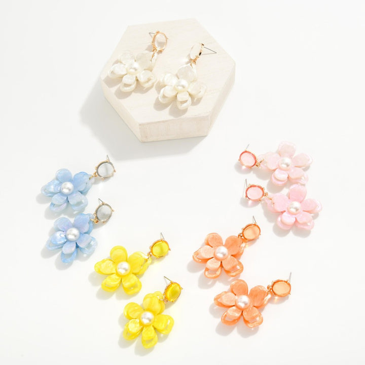 Acetate and Pearl Flower Drop Earrings