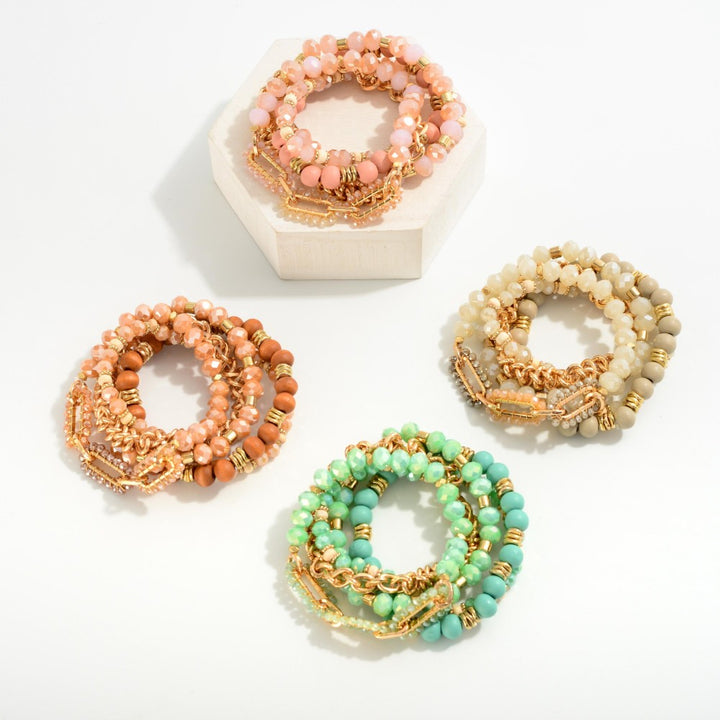 Beaded Stretch Bracelets Featuring Chain Link and Gold Accents