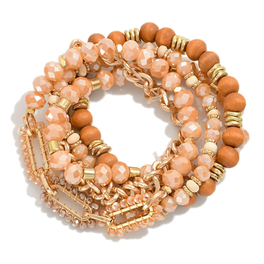 Beaded Stretch Bracelets Featuring Chain Link and Gold Accents