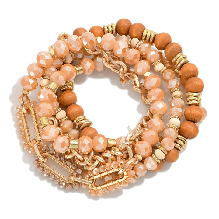 Beaded Stretch Bracelets Featuring Chain Link and Gold Accents