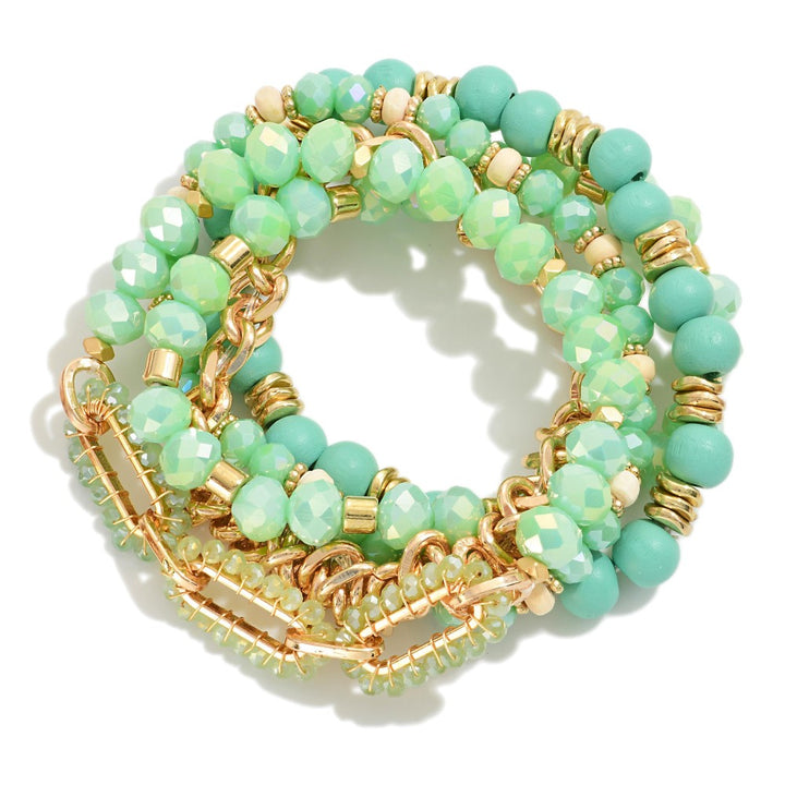 Beaded Stretch Bracelets Featuring Chain Link and Gold Accents
